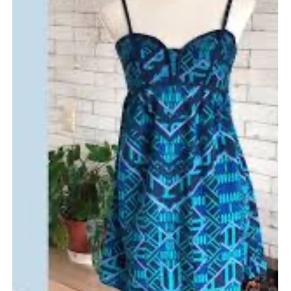 Xiliration Women's M Dress Geometric Multi‎ Color Blue Adjustable Sun Dress